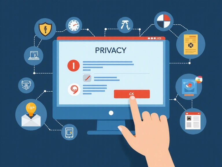 Immagine di una mano che clicca su impostazioni di privacy e cookie su uno schermo di computer, con elementi grafici che rappresentano la protezione dei dati.